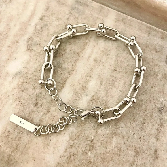 925 Sterling Silver U-Link Bracelet Horseshoe Bracelet Chunky Modern Bracelet - Picture 3 of 10